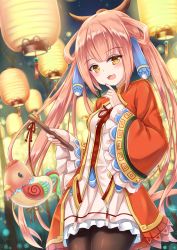 Rule 34 | 1girl, :3, bad id, bad pixiv id, bird, black pantyhose, blush, chicken, dress, hair ornament, hair rings, highres, lantern, long hair, looking at viewer, milkshakework, open mouth, original, pantyhose, pink hair, smile, solo, stick, twintails, yellow eyes