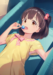 Rule 34 | 1girl, armpits, black hair, bow, brown eyes, candy, collarbone, couch, eating, flat chest, food, hair bobbles, hair ornament, hands up, highres, holding, holding candy, holding food, holding lollipop, idolmaster, idolmaster million live!, idolmaster million live! theater days, lollipop, looking at viewer, lying, nakatani iku, on back, on couch, one side up, open mouth, pink bow, plaid, plaid bow, shirt, short hair, short sleeves, solo, tongue, tongue out, yellow shirt, yoshika (music480069)