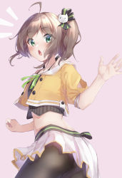 Rule 34 | 1girl, absurdres, ahoge, ass, bare shoulders, black bow, black camisole, blush, bow, brown hair, brown pantyhose, camisole, cat hair ornament, commentary, cowboy shot, crop top, cropped jacket, english commentary, from behind, green bow, green eyes, hair bow, hair ornament, halterneck, hand up, highres, hololive, jacket, kurumi tsuchi, looking at viewer, medium hair, midriff, miniskirt, natsuiro matsuri, natsuiro matsuri (1st costume), neck ribbon, off-shoulder jacket, off shoulder, open clothes, open jacket, open mouth, orange jacket, outstretched hand, pantyhose, pink background, pleated skirt, ribbon, short sleeves, side ponytail, sidelocks, simple background, skirt, solo, spaghetti strap, standing, surprised, virtual youtuber, white skirt, yellow jacket