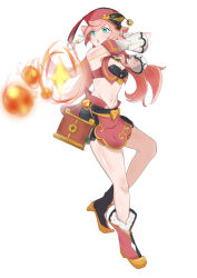 Rule 34 | 1girl, absurdres, aqua eyes, bare legs, bare shoulders, boots, breasts, cleavage, commentary request, crop top, detached sleeves, fire, full body, genshin impact, high heel boots, high heels, highres, johnny percent, long hair, long sleeves, midriff, navel, partial commentary, pink hair, red headwear, simple background, small breasts, solo, stomach, thighs, very long hair, white background, yanfei (genshin impact)