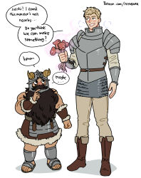 Rule 34 | 2boys, absurdres, armor, bara, beard, black hair, blonde hair, boots, brown pants, chest armor, dungeon meshi, english text, facial hair, fake horns, helmet, highres, holding, horned helmet, horns, laios touden, looking at another, male focus, multiple boys, muscular, muscular male, mustache, pants, patreon username, pauldrons, senshi (dungeon meshi), short hair, shoulder armor, simple background, smile, suyohara, white background