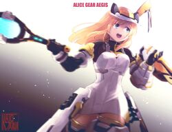 Rule 34 | 1girl, alice gear aegis, black gloves, boots, breasts, cleavage, copyright name, gloves, hat, highres, holding, ishiyumi, mecha musume, medium breasts, merabuchi kanami, motion blur, open hand, racket, smile, solo, thigh boots, visor cap, white hat