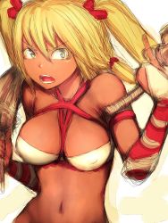 Rule 34 | 1girl, ayumi (x-blades), bare shoulders, blonde hair, breasts, cleavage, dark-skinned female, dark skin, dual wielding, elbow gloves, fumio (rsqkr), gloves, grey eyes, holding, large breasts, long hair, midriff, navel, open mouth, simple background, solo, sword, tan, tri tails, twintails, weapon, x-blades