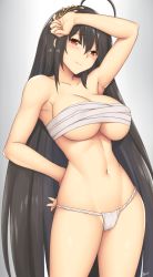 Rule 34 | 1girl, ahoge, arcie albano, arm up, armpits, azur lane, bandages, bandages around chest, bare shoulders, black hair, blush, breasts, cleavage, collarbone, fundoshi, grey background, hair between eyes, hair ornament, half-closed eyes, hand on own hip, head tilt, highres, hip focus, japanese clothes, large breasts, long hair, looking at viewer, narrow waist, navel, red eyes, sarashi, simple background, solo, standing, taihou (azur lane), thighs, underboob, very long hair