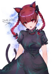 Rule 34 | 1girl, animal ears, arms at sides, black bow, black dress, blue background, blunt bangs, blush, bow, braid, breasts, cat day, cat ears, cat girl, cat tail, commentary request, cowboy shot, dated, dqn (dqnww), dress, fang, hair bow, head tilt, kaenbyou rin, long hair, looking at viewer, medium breasts, open mouth, print dress, purple eyes, red hair, short sleeves, signature, slit pupils, solo, tail, touhou, twin braids, two-tone background