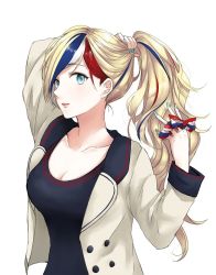 Rule 34 | 10s, 1girl, alternate costume, alternate hairstyle, arms up, black shirt, blonde hair, blue eyes, blue hair, breasts, cleavage, coat, collarbone, commandant teste (kancolle), fingernails, flag print, green nails, grey coat, hair ornament, hair scrunchie, holding, kantai collection, lips, long hair, long sleeves, looking at viewer, morinaga miki, multicolored hair, nail polish, open clothes, open coat, open mouth, ponytail, red hair, scrunchie, shirt, simple background, solo, swept bangs, tying hair, upper body, white background, white hair