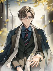 Rule 34 | 1boy, artem wing (tears of themis), black jacket, black necktie, blue coat, blue eyes, blue shirt, brown hair, closed mouth, coat, collared shirt, formal, glasses, highres, jacket, long sleeves, looking at viewer, male focus, nauxii, necktie, outdoors, shirt, short hair, smile, solo, tears of themis, upper body