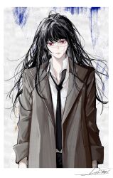 Rule 34 | 1girl, black hair, black necktie, brown coat, chainsaw man, closed mouth, coat, collared shirt, dollllls2, highres, lips, long hair, looking at viewer, messy hair, necktie, red eyes, ringed eyes, scar, scar on face, shirt, signature, sketch, solo, white background, white shirt, yoru (chainsaw man)