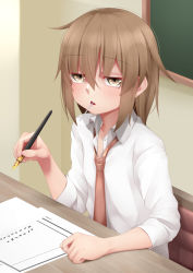 Rule 34 | 1girl, bad id, bad pixiv id, blush, brown eyes, brown hair, candy, chair, desk, food, hair between eyes, holding, holding pen, ink pen, kantai collection, lollipop, mouth hold, ne an ito, necktie, nib pen (object), pen, red necktie, shirt, short hair, sitting, solo, wakaba (kancolle), white shirt