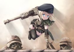 Rule 34 | 1girl, 2others, arm support, armor, backlighting, beret, black footwear, black hat, black skirt, blonde hair, blue eyes, boots, brown hat, brown sky, camouflage, cannon, commentary, dai toro, day, frame arms girl, fringe trim, gas mask, gourai, green scarf, gun, hat, helmet, highres, holding, holding weapon, jumping, knife, light particles, looking at another, looking at viewer, machine gun, mask, mecha musume, mechanical arms, microskirt, multiple others, outdoors, parted lips, sandbag, scarf, short hair, skirt, solo, solo focus, sunlight, thigh boots, thighhighs, weapon