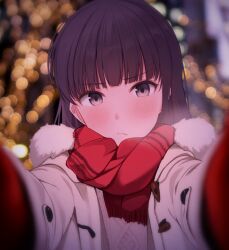 Rule 34 | amagami, aran sweater, ayatsuji tsukasa, blunt bangs, blurry, blurry background, blush, bokeh, breath, brown coat, brown eyes, cable knit, closed mouth, coat, cold, cynic (cynic2324), depth of field, duffel coat, frown, fur-trimmed coat, fur-trimmed hood, fur trim, furrowed brow, head tilt, hood, light frown, long hair, looking at viewer, meme, mittens, open clothes, open coat, outdoors, pov, pov cheek warming (meme), reaching, reaching towards viewer, red mittens, red scarf, scarf, sweater, toggles, white sweater, winter clothes, winter coat