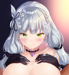 Rule 34 | 1boy, 1girl, :q, absurdres, bad id, bad pixiv id, braid, breasts, brooch, choker, cleavage, closed mouth, collarbone, cum, cum on body, cum on breasts, cum on upper body, earrings, facial, facial mark, girls&#039; frontline, green eyes, hair ornament, hair scrunchie, hairband, hands on own chest, hands up, hetero, highres, hk416 (girls&#039; frontline), hk416 (starry cocoon) (girls&#039; frontline), jewelry, large breasts, long hair, looking at viewer, low twintails, official alternate costume, paizuri, ponta (velmar), scrunchie, silver hair, smile, solo focus, tongue, tongue out, twintails