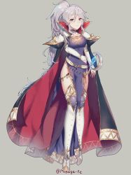 Rule 34 | 1girl, armor, bad id, bad twitter id, belly chain, boots, breasts, cape, cleavage, collarbone, dress, earrings, elbow gloves, expressionless, fire emblem, fire emblem: genealogy of the holy war, full body, gloves, grey background, groin, highres, ishtar (fire emblem), jewelry, long hair, medium breasts, minomusha, nintendo, pauldrons, pelvic curtain, ponytail, purple eyes, shoulder armor, side ponytail, side slit, sidelocks, silver hair, simple background, solo, thigh boots, thighhighs, twitter username, very long hair