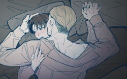 Rule 34 | 2boys, back, black hair, blonde hair, blush, erwin smith, g321377377, hand on another&#039;s shoulder, holding hands, levi (shingeki no kyojin), long sleeves, looking away, male focus, multiple boys, on bed, open clothes, open shirt, parted bangs, pillow, shingeki no kyojin, short hair, upper body, yaoi