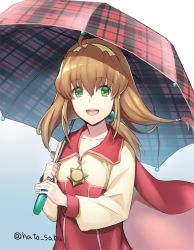 Rule 34 | 1girl, ahoge, brown hair, cape, coat, commentary request, gradient background, green eyes, hair ornament, hairband, holding, holding umbrella, lilka eleniak, long hair, low-tied long hair, open mouth, plaid umbrella, sidelocks, smile, solo, touyama sabu, umbrella, wild arms, wild arms: million memories, wild arms 2, yellow hairband