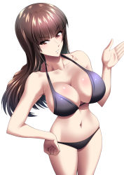 Rule 34 | 1girl, bikini, black bikini, black eyes, black hair, breasts, cleavage, commentary, gesture, girls und panzer, half-closed eyes, halterneck, hand on own hip, highres, hime cut, large breasts, looking at viewer, mature female, miraino tsubasa, navel, nishizumi shiho, parted lips, simple background, smile, solo, standing, straight hair, swimsuit, white background