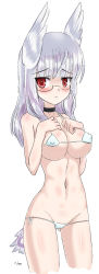 Rule 34 | 1girl, absurdres, animal ears, bikini, breasts, cameltoe, choker, cleavage, covered erect nipples, cyber (cyber knight), glasses, head wings, heidimarie w. schnaufer, highres, long hair, micro bikini, navel, red eyes, silver hair, simple background, solo, strike witches, swimsuit, tail, white background, white bikini, wings, world witches series