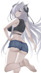 Rule 34 | 1girl, absurdres, anklet, arturaxia, ass, august von parseval (azur lane), azur lane, bare shoulders, barefoot, blue eyes, butt crack, commission, curled horns, cutoffs, denim, denim shorts, hair over one eye, hand on own hip, highres, horns, jewelry, knee up, long hair, looking at viewer, looking back, purple hair, short shorts, shorts, simple background, smile, solo, toes, white background, white hair