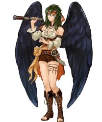 Rule 34 | 1girl, bare shoulders, belt, black wings, blue eyes, boots, breasts, cleavage, collarbone, cross-laced footwear, dagger, feathered wings, female focus, fire emblem, fire emblem: radiant dawn, fire emblem heroes, full body, green hair, halterneck, headband, highres, holding, knee boots, knife, lace-up boots, long hair, looking at viewer, medium breasts, nintendo, o-ring, official art, pirate, shorts, sleeveless, solo, spyglass, standing, telescope, toeless footwear, toes, transparent background, uroko (mnr), vika (fire emblem), weapon, wings