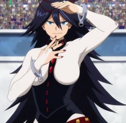 Rule 34 | 10s, 1girl, arm up, audience, belt, black hair, blue eyes, bodysuit, boku no hero academia, breasts, breasts apart, closed mouth, cowboy shot, crowd, cuffs, domino mask, facing viewer, fingernails, hair between eyes, hand up, handcuffs, happy, leotard, long hair, looking at viewer, mask, mask on head, unworn mask, medium breasts, midnight (boku no hero academia), mole, mole under eye, nail polish, official art, red nails, screencap, skin tight, smile, solo, spiked hair, standing, superhero costume, teacher, upper body, very long hair