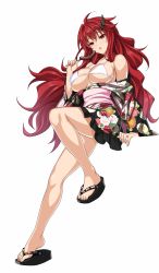 Rule 34 | 1girl, :o, bare legs, bikini, bikini top only, breasts, cle masahiro, feet, floral print, food, full body, hair ornament, highres, holding, holding food, japanese clothes, kimono, kisaragi setsuna, large breasts, long hair, long sleeves, off shoulder, official art, red eyes, red hair, sandals, simple background, solo, swimsuit, toes, valkyrie drive, valkyrie drive -siren-, white background, yukata