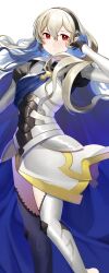 Rule 34 | 1girl, armor, black hairband, blue cape, cape, closed mouth, commentary request, corrin (female) (fire emblem), corrin (fire emblem), feet out of frame, fire emblem, fire emblem fates, grey hair, hair between eyes, hairband, highres, ikura (downdexp), long hair, nintendo, pointy ears, red eyes, simple background, smile, solo, standing, white background