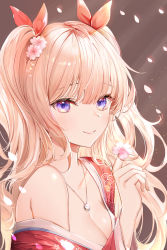 Rule 34 | 1girl, absurdres, bare shoulders, blonde hair, blunt bangs, breasts, cherry blossoms, cleavage, clothes down, flower, hair flower, hair ornament, hair ribbon, highres, jewelry, lillly, long hair, looking at viewer, medium breasts, necklace, original, petals, purple eyes, ribbon, smile, solo, sunlight, twintails, upper body