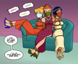 Rule 34 | 3girls, alex (totally spies), arms behind back, bdsm, black hair, blonde hair, blue eyes, bondage, bound, bound ankles, bound arms, bound legs, breast bondage, breasts, brown eyes, cloth gag, clover (totally spies), dress, earrings, english text, gag, gagged, green eyes, high heels, improvised gag, jewelry, legs, looking at viewer, medium breasts, multiple girls, necklace, over the nose gag, purple dress, red dress, red hair, sam (totally spies), struggling, totally spies, white dress, wossarem