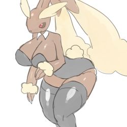 Rule 34 | 1girl, animal ears, black leotard, black sclera, black thighhighs, breasts, cleavage, closed mouth, colored sclera, creatures (company), detached collar, fake animal ears, female focus, furry, furry female, game freak, gen 4 pokemon, hand up, highres, jpeg artifacts, large breasts, leotard, lopunny, nintendo, nishikun, personification, playboy bunny, pokemon, pokemon (creature), rabbit ears, rabbit tail, red eyes, shiny clothes, shiny skin, simple background, smile, solo, standing, strapless, strapless leotard, tail, thighhighs, white background