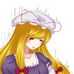 Rule 34 | 1girl, anger vein, angry, aura, blonde hair, blush, breasts, cleavage, closed eyes, collarbone, crossed arms, dress, elbow gloves, false smile, gloves, hat, hat ribbon, ker (alicemachiner), long hair, mob cap, neck, purple dress, ribbon, short sleeves, simple background, smile, solo, touhou, very long hair, white background, white gloves, yakumo yukari