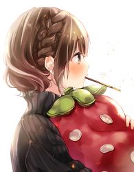 Rule 34 | 1girl, black sweater, blush, braid, brown hair, food, food in mouth, from side, holding, holding pillow, kuga tsukasa, mouth hold, original, pillow, pocky, pocky in mouth, profile, short hair, simple background, solo, strawberry-shaped pillow, sweater, turtleneck, turtleneck sweater, upper body, white background, yellow eyes