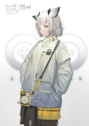 Rule 34 | 1girl, absurdres, alternate costume, alternate hairstyle, arknights, bright pupils, coat, cowboy shot, earrings, eugle na, gradient background, grey background, hands in pockets, highres, jewelry, long sleeves, owl ears, parted lips, ptilopsis (arknights), rhine lab logo, short hair, silver hair, solo, white coat, yellow eyes