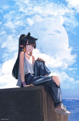 Rule 34 | 1girl, absurdres, advarcher, black hair, blue pants, blue sky, blunt bangs, cloud, commentary request, day, denim, full body, gradient hair, hand on own knee, highres, hololive, hololive english, jeans, knee up, long hair, looking at viewer, multicolored hair, ninomae ina&#039;nis, orange hair, outdoors, pants, pointy ears, ponytail, scenery, shoes, sidelocks, sitting, sky, sneakers, solo, straight hair, takodachi (ninomae ina&#039;nis), torn clothes, torn pants, very long hair, virtual youtuber, white footwear