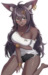 Rule 34 | 1girl, absurdres, ahoge, animal ear fluff, animal ears, bare legs, bare shoulders, barefoot, black hair, black shorts, blush, bracelet, breasts, character request, cleavage, copyright request, dark skin, earrings, eye of horus, glasses, grey eyes, highres, jewelry, large breasts, long hair, looking at viewer, off-shoulder shirt, off shoulder, oli kkwak, open mouth, round eyewear, shirt, short shorts, short sleeves, shorts, simple background, sitting, solo, thighs, very long hair, wariza, white background, white shirt