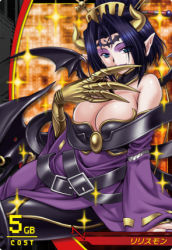 Rule 34 | 1girl, bat (symbol), belt, black hair, blue eyes, breasts, cleavage, comb, demon, demon girl, detached sleeves, digimon, digimon (creature), digimon jintrix, dress, female focus, hairpiece, horns, lilithmon, lowres, official art, pointy ears, seven great demon lords, short hair, single horn, solo, wings