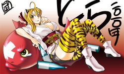 Rule 34 | 10s, 1girl, 2010, animal ears, animal print, bad id, bad pixiv id, blonde hair, boots, breasts, cat ears, japanese clothes, large breasts, original, solo, tail, takehide, thighhighs, tiger ears, tiger print, tiger tail, yellow eyes