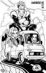 Rule 34 | 1girl, 2boys, android 16, android 17, android 18, artist name, brother and sister, character name, cliff, cloud, crossed arms, dated, dragon ball, dragonball z, earrings, frown, greyscale, head rest, indian style, jewelry, mike luckas, monochrome, motor vehicle, multiple boys, road, siblings, signature, sitting, smile, van, vehicle