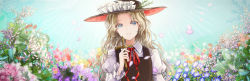 Rule 34 | 1girl, blonde hair, blue hair, brown hat, brown vest, cross, dolls in pseudo paradise, flower, frilled hat, frills, happy, hat, highres, holding, holding cross, jacket girl (dipp), juliet sleeves, leaf, light blue hair, long hair, long sleeves, looking at viewer, open mouth, outdoors, petals, poteimo (poteimo622), puffy sleeves, red neckwear, red ribbon, ribbon, shirt, sky, sunlight, touhou, vest, wavy eyes, white shirt