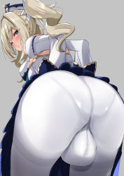 Rule 34 | 1futa, :o, absurdres, ass, barbara (genshin impact), blonde hair, blue eyes, blush, bulge, covered testicles, detached sleeves, drill hair, from behind, full-package futanari, futanari, genshin impact, grey background, hat, highres, huge ass, large bulge, long hair, looking at viewer, looking back, open mouth, pantyhose, pantylines, priestess, seamed legwear, seams, shiratori serano, sidelocks, simple background, solo, testicles, thighband pantyhose, twin drills, twintails, white hat, white pantyhose, white sleeves