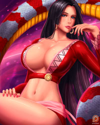 Rule 34 | 1girl, black hair, blue eyes, boa hancock, breasts, center opening, cleavage, closed mouth, collarbone, earrings, finger to mouth, hoop earrings, jewelry, large breasts, legs, lipstick, long hair, long sleeves, looking at viewer, makeup, midriff, nail polish, navel, one piece, patreon, patreon username, red nails, signature, sitting, snake, solo, stomach, svoidist, very long hair, watermark