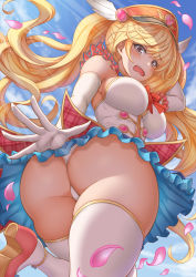 Rule 34 | 1girl, ass, bare shoulders, blonde hair, blush, breasts, brown eyes, cygames, elbow gloves, embarrassed, from behind, from below, gloves, granblue fantasy, hat, highres, large breasts, long hair, looking at viewer, looking back, magical girl, military hat, monika weisswind, panties, petals, princess connect!, shingeki no bahamut, solo, thighhighs, twintails, underwear, wavy hair, white gloves, white panties, white thighhighs, yasojima nejiro