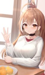 Rule 34 | 1girl, absurdres, ahoge, berry, black choker, blurry, blurry background, brown eyes, brown hair, choker, crossed bangs, double-parted bangs, earrings, food, food-themed earrings, fruit, gi end, hair between eyes, highres, hololive, hololive english, indoors, jewelry, kotatsu, long hair, looking at viewer, multicolored hair, nanashi mumei, nanashi mumei (casual), necklace, official alternate costume, orange (fruit), photo (object), plate, red shirt, shirt, smile, streaked hair, sweater, table, very long hair, virtual youtuber, waving, white sweater, window