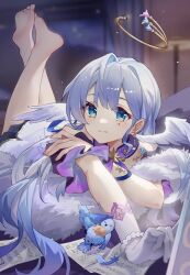 Rule 34 | 1girl, bird, blue bird, blue eyes, blurry, blurry background, closed mouth, commentary request, dress, feathers, feet up, full body, fur shawl, gloves, green eyes, grey hair, halo, hand on own arm, head wings, highres, honkai: star rail, honkai (series), indoors, long hair, looking at viewer, lying, multicolored eyes, on stomach, robin (honkai: star rail), samele otaku, shawl, sheet music, soles, solo, very long hair, white dress, white gloves, wings