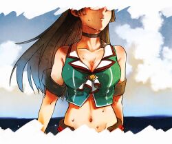 Rule 34 | 1girl, black choker, black hair, breasts, choker, choukai (kancolle), choukai kai ni (kancolle), cleavage, cloud, commentary request, crop top, day, glasses, highres, kantai collection, large breasts, long hair, midriff, oeoeuhoho, opaque glasses, outdoors, parted lips, sky, sleeveless, solo, sweat