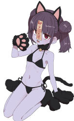 Rule 34 | 1girl, animal ears, animal hands, bell, bikini, black bikini, breasts, cat ears, cat tail, colored skin, double bun, eyeshadow, female focus, gloves, hair bun, hand up, highres, jiangshi, jingle bell, looking at viewer, makeup, navel, ofuda, open mouth, original, paw gloves, paw shoes, petite, purple skin, red eyes, red eyeshadow, sharp teeth, side-tie bikini bottom, simple background, sitting, small breasts, solo, sumiyao (amam), swimsuit, tail, teeth, twintails, wariza, white background