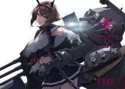 Rule 34 | 1girl, bare shoulders, blue skirt, breasts, brown hair, capelet, chain, cowboy shot, gloves, green eyes, hairband, headgear, kantai collection, large breasts, looking at viewer, midriff, miniskirt, mutsu (kancolle), mutsu kai ni (kancolle), open mouth, pleated skirt, radio antenna, rigging, rokuwata tomoe, short hair, simple background, skirt, solo, white background, white gloves