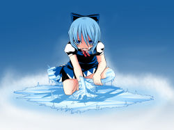 Rule 34 | 1girl, amau (kosmos), barefoot, blue eyes, blue hair, bow, cirno, dress, empty eyes, fairy, female focus, frown, gradient background, hair bow, ice, kneeling, matching hair/eyes, open mouth, short hair, solo, touhou