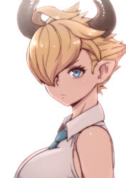 Rule 34 | 10s, 1girl, ahoge, akairiot, bad id, bad tumblr id, blonde hair, blue eyes, breasts, draph, granblue fantasy, hair over one eye, horns, laguna (granblue fantasy), large breasts, looking at viewer, necktie, pointy ears, short hair, simple background, sleeveless, solo, white background