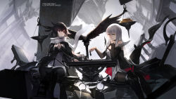 Rule 34 | 2girls, angel, animal, artist name, bad id, bad pixiv id, balance scale, bird, black eyes, black footwear, black hair, black legwear, board game, book, boots, broken, chess, chess piece, chessboard, copyright name, destruction, detached sleeves, english text, gold, head rest, highres, knee boots, long hair, long sleeves, looking at another, multiple girls, pantyhose, pixiv fantasia, pixiv fantasia t, scarf, see-through, sitting, smile, statue, swd3e2, weapon, weighing scale, white hair, white scarf, yellow eyes
