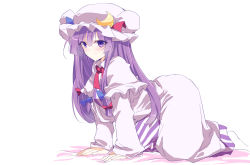 Rule 34 | 1girl, blue bow, blue ribbon, blunt bangs, blush, bow, braid, breasts, commentary request, crescent, crescent hat ornament, dress, hair ribbon, hand on ground, hat, hat ornament, hat ribbon, ichimura kanata, kneeling, long hair, medium breasts, mob cap, patchouli knowledge, purple eyes, purple hair, red bow, red neckwear, red ribbon, ribbon, simple background, smile, socks, solo, striped clothes, striped dress, sweatdrop, thighs, touhou, tress ribbon, vertical-striped clothes, vertical-striped dress, white background, white socks